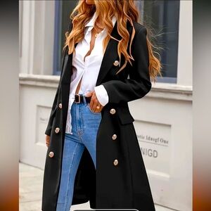 NWT Double-breasted Lapel Coat, Elegant Solid Long Sleeve Knee Length Coat